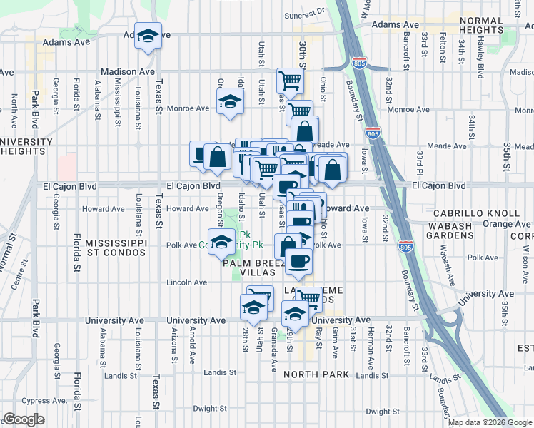 map of restaurants, bars, coffee shops, grocery stores, and more near 2875 Howard Avenue in San Diego