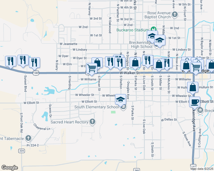 map of restaurants, bars, coffee shops, grocery stores, and more near 1108 West Hullum in Breckenridge