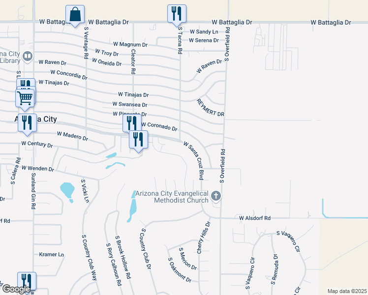 map of restaurants, bars, coffee shops, grocery stores, and more near 8435 West Santa Cruz Boulevard in Arizona City