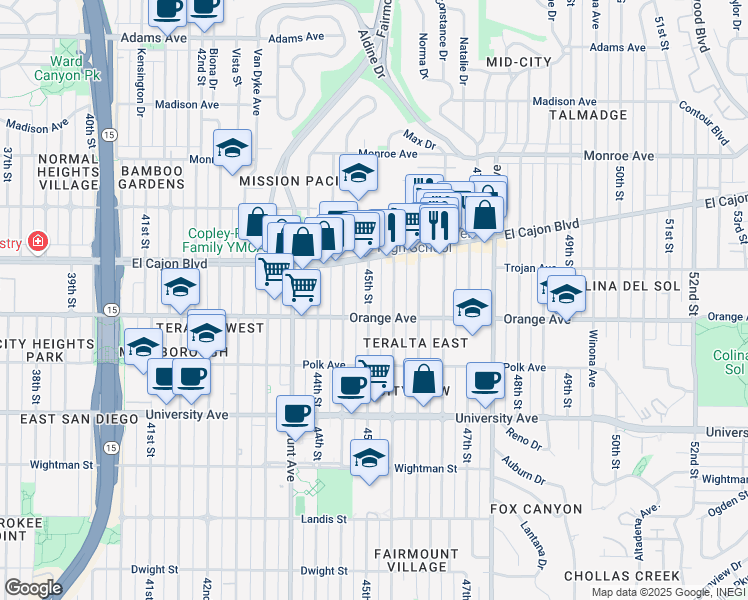 map of restaurants, bars, coffee shops, grocery stores, and more near 4233 45th Street in San Diego