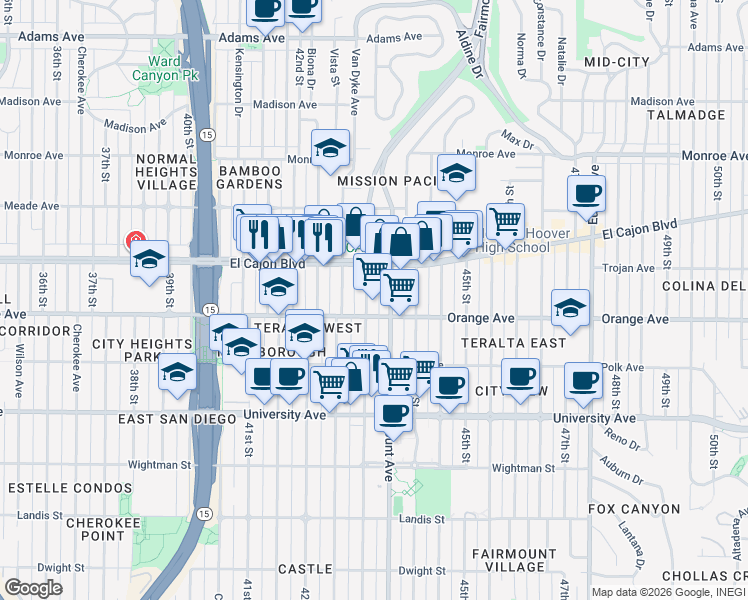 map of restaurants, bars, coffee shops, grocery stores, and more near 4246 43rd Street in San Diego