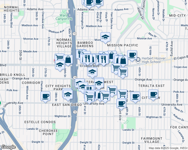map of restaurants, bars, coffee shops, grocery stores, and more near 4204 Orange Avenue in San Diego
