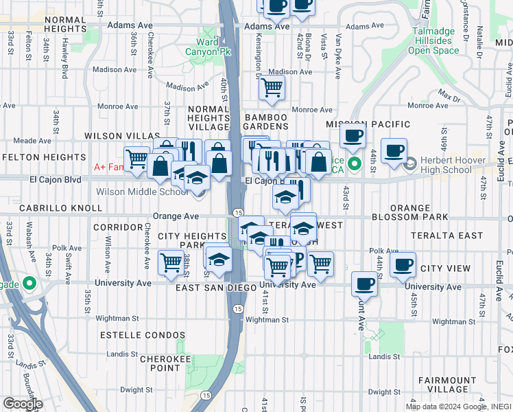 map of restaurants, bars, coffee shops, grocery stores, and more near 4235 Central Avenue in San Diego