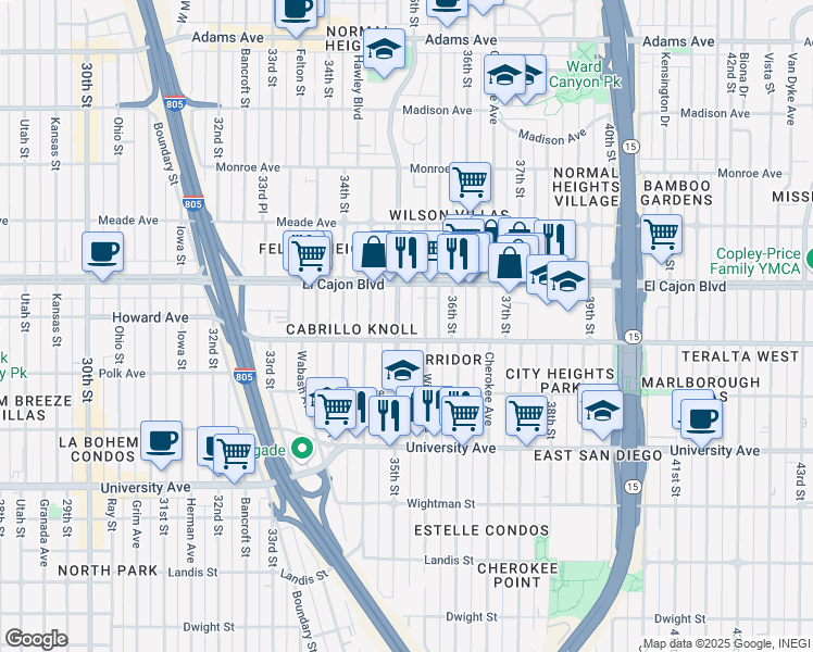 map of restaurants, bars, coffee shops, grocery stores, and more near 4234 Wilson Avenue in San Diego