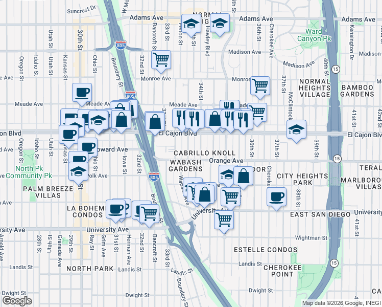 map of restaurants, bars, coffee shops, grocery stores, and more near 4240 Felton Street in San Diego
