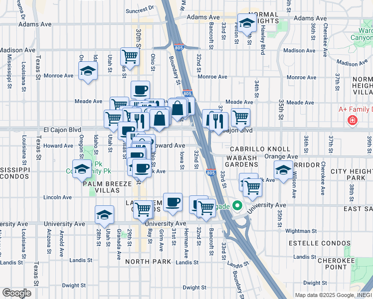 map of restaurants, bars, coffee shops, grocery stores, and more near 3167 Howard Avenue in San Diego