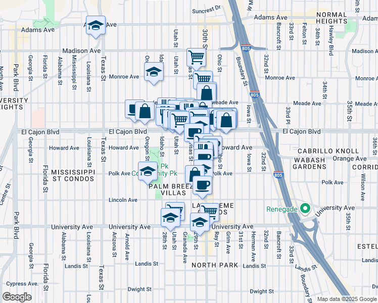 map of restaurants, bars, coffee shops, grocery stores, and more near 2875 Howard Avenue in San Diego