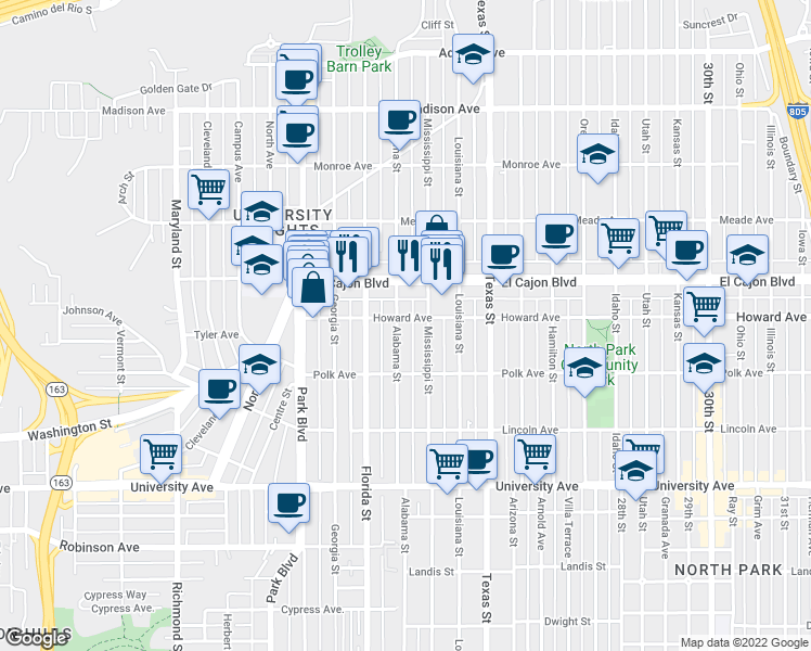 map of restaurants, bars, coffee shops, grocery stores, and more near 4196 Alabama Street in San Diego
