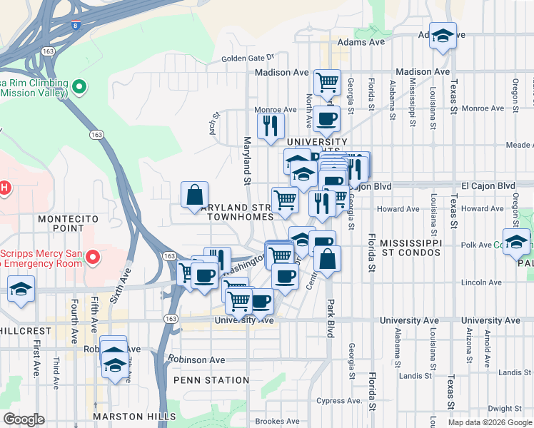 map of restaurants, bars, coffee shops, grocery stores, and more near 4214 Cleveland Avenue in San Diego