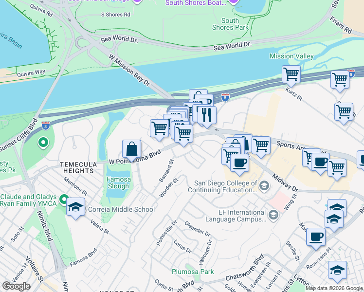 map of restaurants, bars, coffee shops, grocery stores, and more near 4005 West Point Loma Boulevard in San Diego
