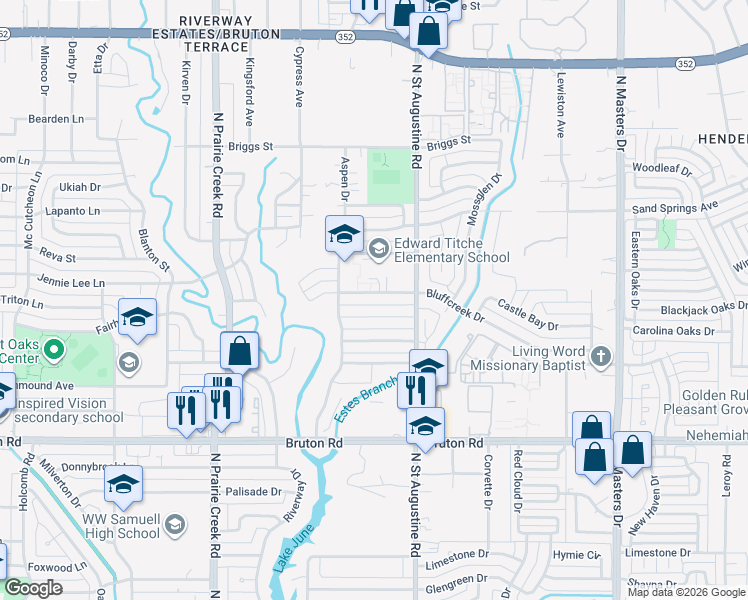map of restaurants, bars, coffee shops, grocery stores, and more near 9544 Bluffcreek Drive in Dallas