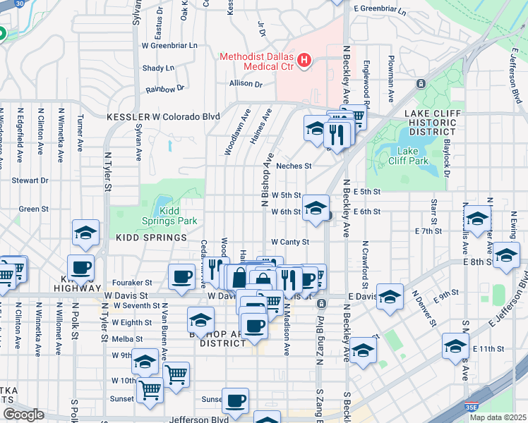 map of restaurants, bars, coffee shops, grocery stores, and more near 907 North Bishop Avenue in Dallas