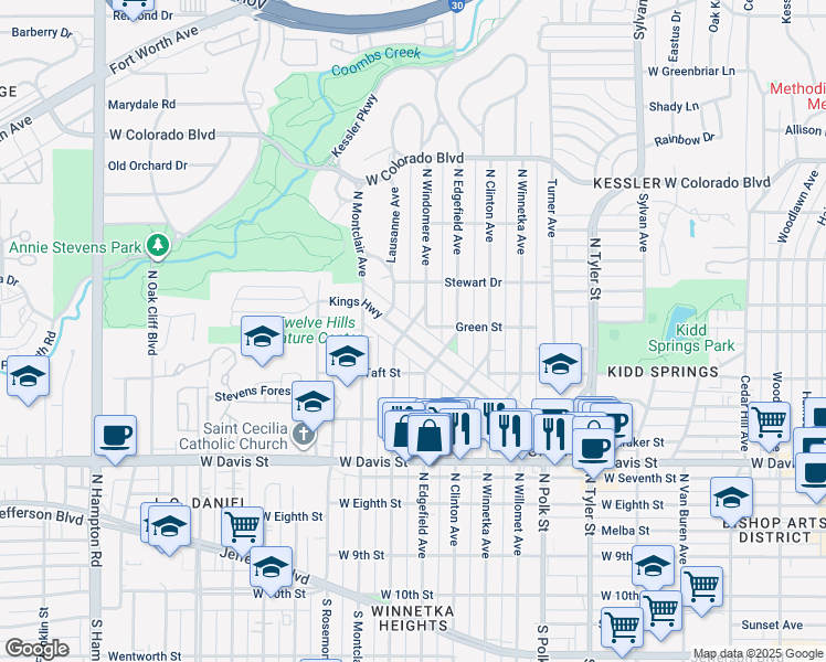 map of restaurants, bars, coffee shops, grocery stores, and more near 1435 Kings Highway in Dallas