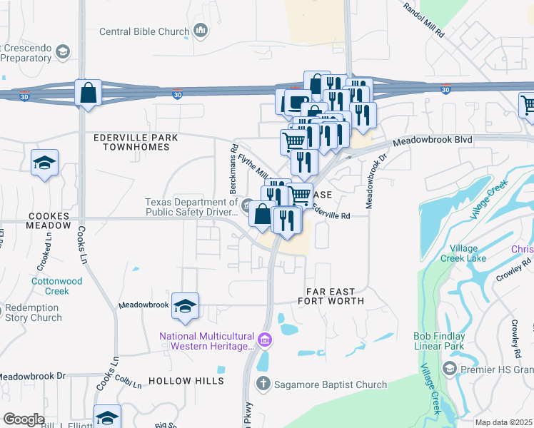 map of restaurants, bars, coffee shops, grocery stores, and more near 8300 Windsor Forest Drive in Fort Worth