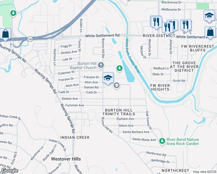 map of restaurants, bars, coffee shops, grocery stores, and more near 519 Burton Hill Road in Fort Worth