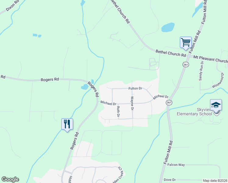 map of restaurants, bars, coffee shops, grocery stores, and more near 5606 Esther Place in Lizella