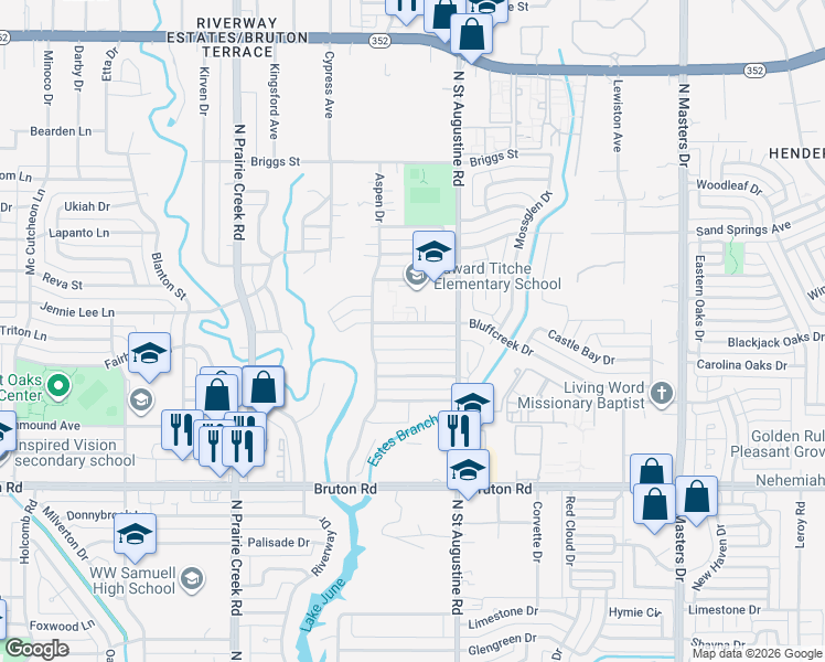 map of restaurants, bars, coffee shops, grocery stores, and more near 9544 Bluffcreek Drive in Dallas