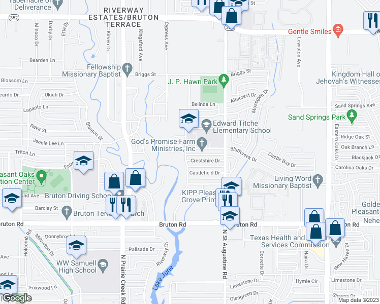 map of restaurants, bars, coffee shops, grocery stores, and more near 9510 Bluffcreek Drive in Dallas