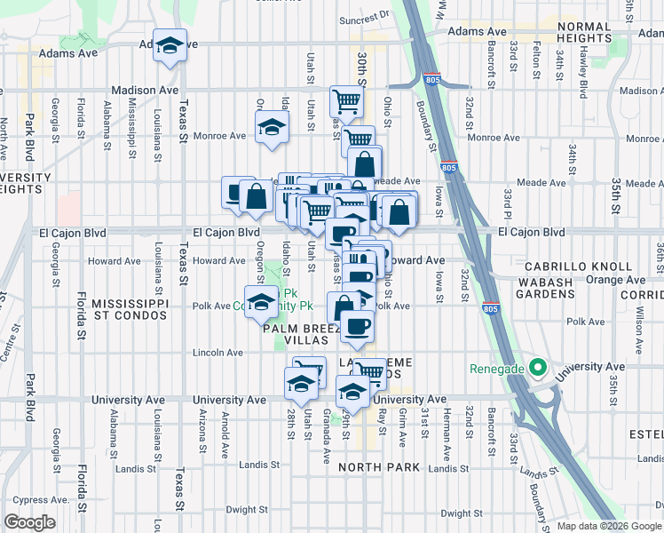 map of restaurants, bars, coffee shops, grocery stores, and more near 4188 Kansas Street in San Diego