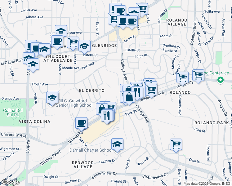 map of restaurants, bars, coffee shops, grocery stores, and more near 4182 60th Street in San Diego