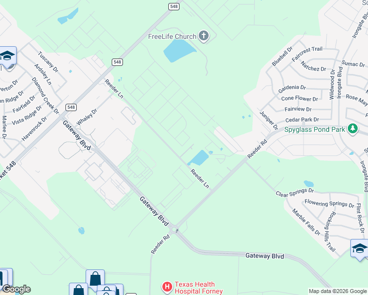 map of restaurants, bars, coffee shops, grocery stores, and more near 11034 Reeder Lane in Forney
