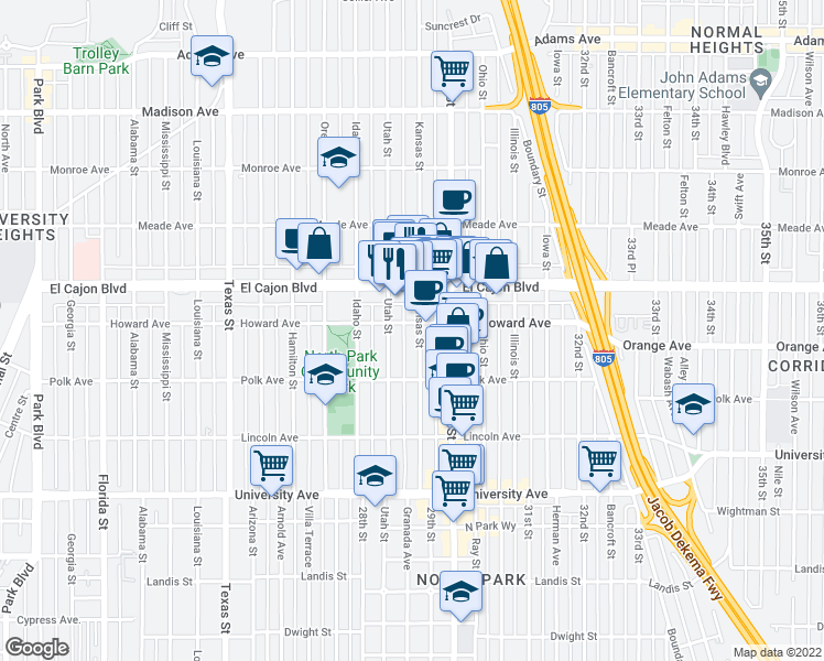 map of restaurants, bars, coffee shops, grocery stores, and more near 4188 Kansas Street in San Diego