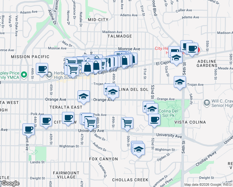 map of restaurants, bars, coffee shops, grocery stores, and more near 4237 49th Street in San Diego