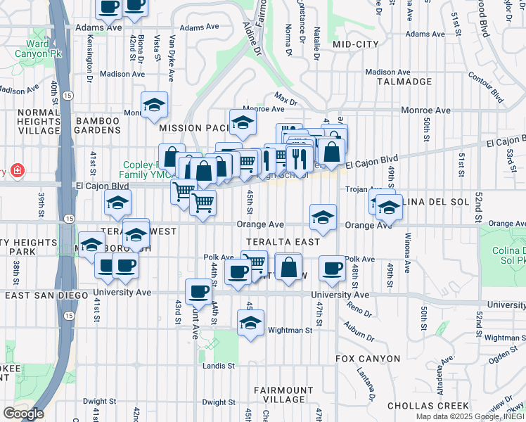 map of restaurants, bars, coffee shops, grocery stores, and more near 4226 Chamoune Avenue in San Diego