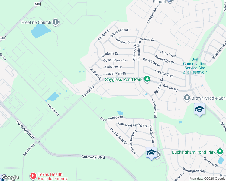 map of restaurants, bars, coffee shops, grocery stores, and more near 4245 Calla Drive in Forney