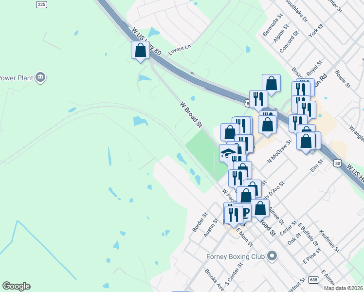 map of restaurants, bars, coffee shops, grocery stores, and more near 408 Crestview Drive in Forney