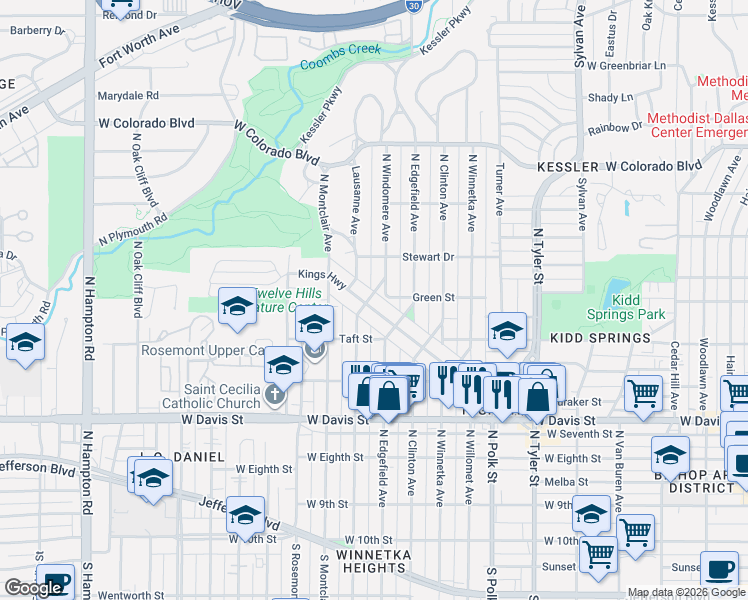 map of restaurants, bars, coffee shops, grocery stores, and more near 1435 Kings Highway in Dallas