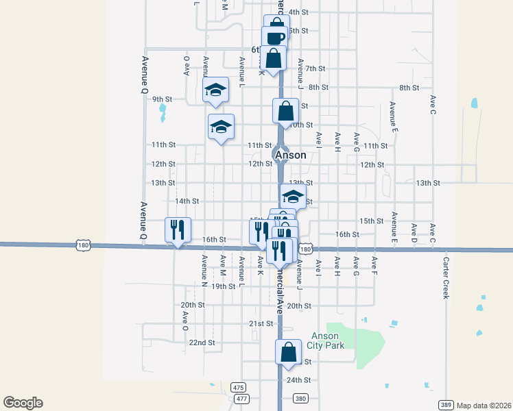map of restaurants, bars, coffee shops, grocery stores, and more near 1402 Avenue K in Anson