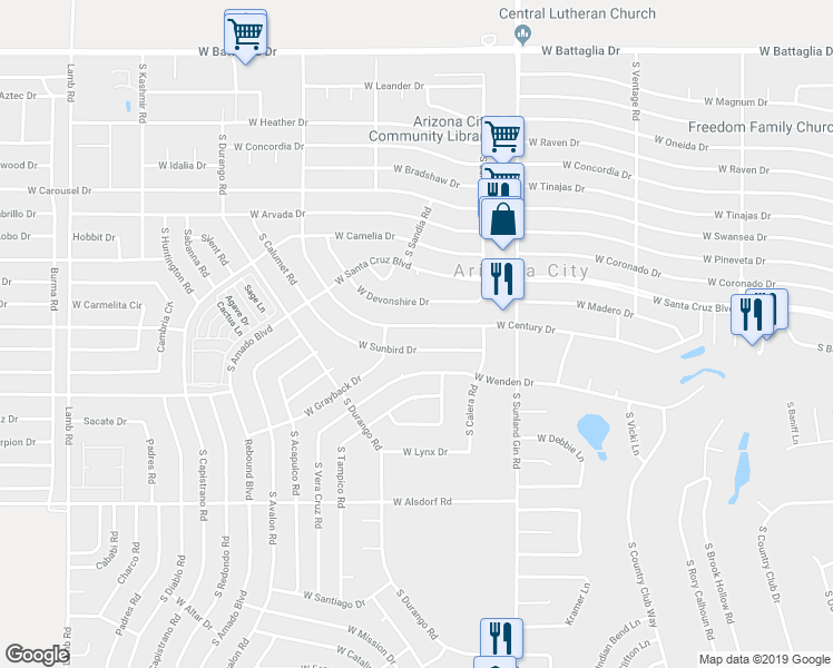 map of restaurants, bars, coffee shops, grocery stores, and more near 9991 West Century Drive in Arizona City