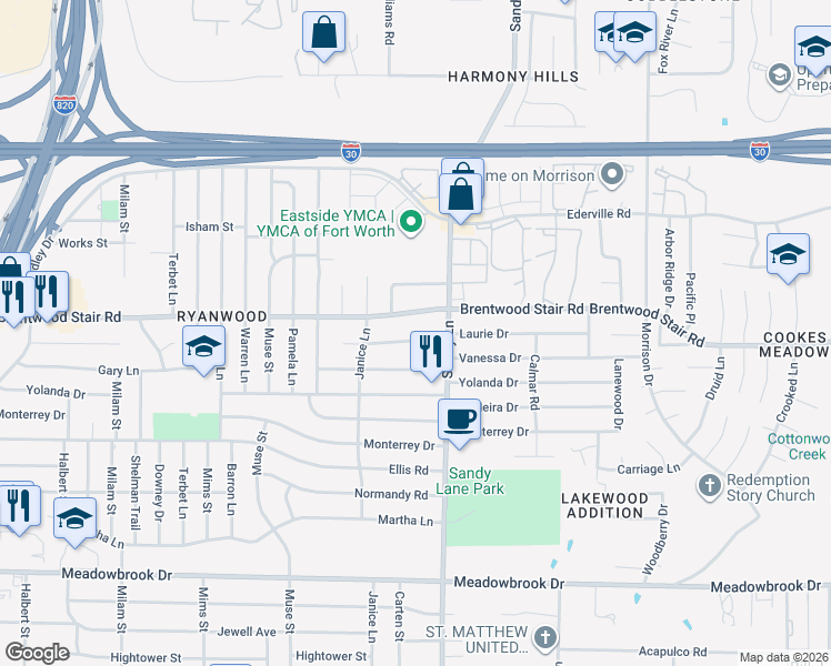 map of restaurants, bars, coffee shops, grocery stores, and more near 7329 Laurie Drive in Fort Worth