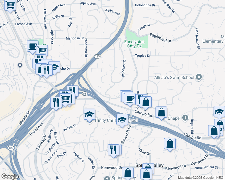 map of restaurants, bars, coffee shops, grocery stores, and more near 4141 Merritt Boulevard in La Mesa