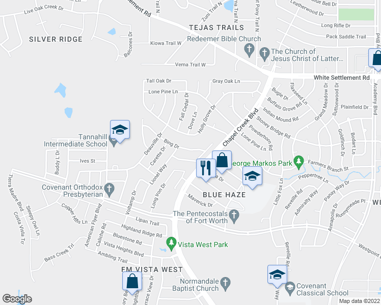 map of restaurants, bars, coffee shops, grocery stores, and more near 10409 Bing Drive in Fort Worth