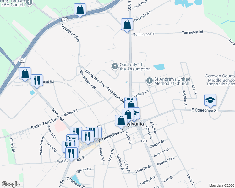 map of restaurants, bars, coffee shops, grocery stores, and more near 218 Singleton Avenue in Sylvania