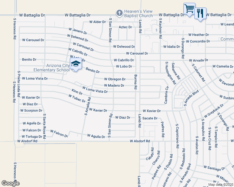 map of restaurants, bars, coffee shops, grocery stores, and more near 11529 West Loma Vista Drive in Arizona City