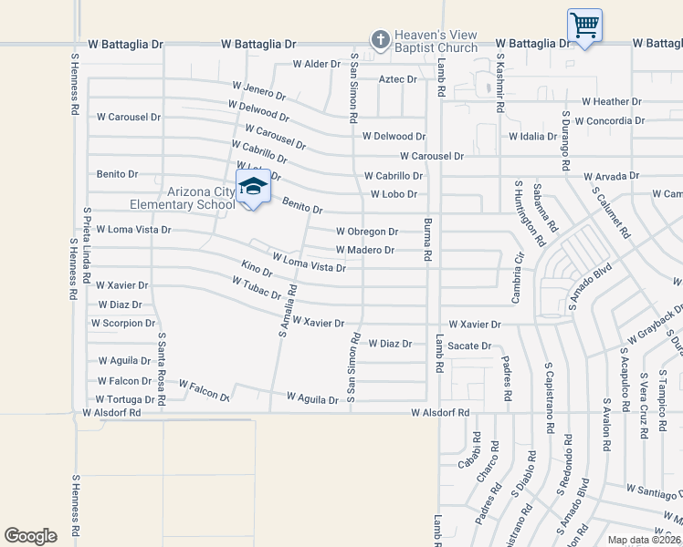map of restaurants, bars, coffee shops, grocery stores, and more near 11679 West Loma Vista Drive in Arizona City