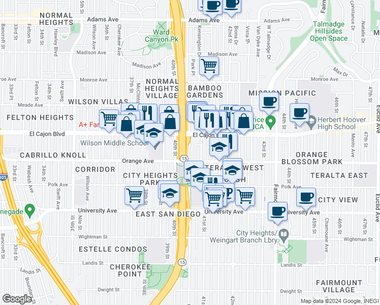 map of restaurants, bars, coffee shops, grocery stores, and more near 4227 Central Avenue in San Diego