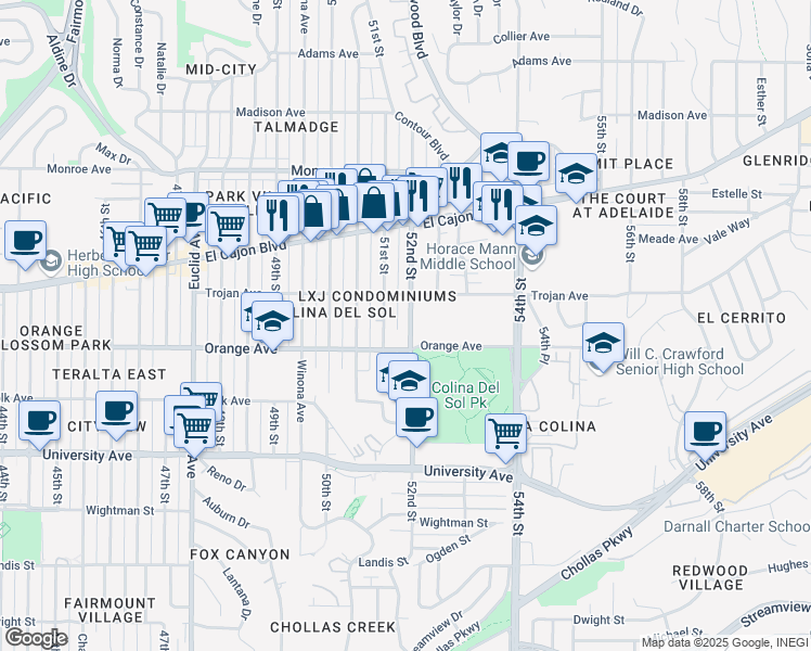 map of restaurants, bars, coffee shops, grocery stores, and more near 4250 52nd Street in San Diego