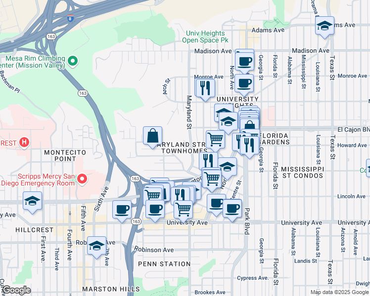 map of restaurants, bars, coffee shops, grocery stores, and more near 4232 Maryland Street in San Diego