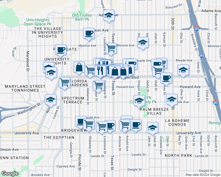 map of restaurants, bars, coffee shops, grocery stores, and more near 2333 Howard Avenue in San Diego
