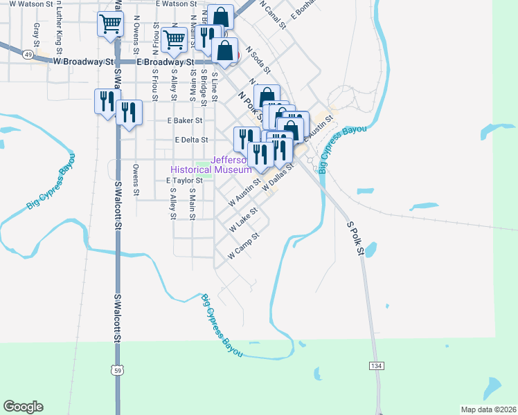 map of restaurants, bars, coffee shops, grocery stores, and more near 302 South Marshall Street in Jefferson