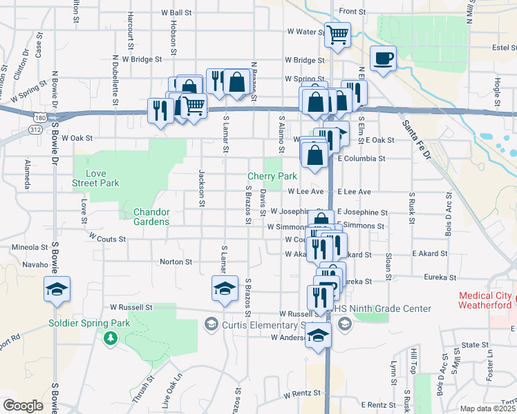 map of restaurants, bars, coffee shops, grocery stores, and more near 314 West Josephine Street in Weatherford