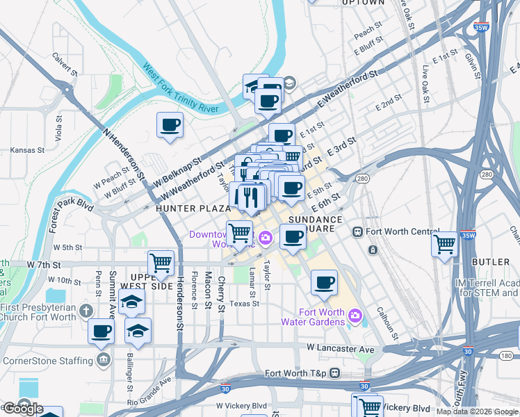 map of restaurants, bars, coffee shops, grocery stores, and more near 515 West 4th Street in Fort Worth