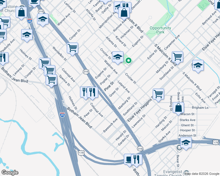 map of restaurants, bars, coffee shops, grocery stores, and more near 2230 Pine Street in Dallas