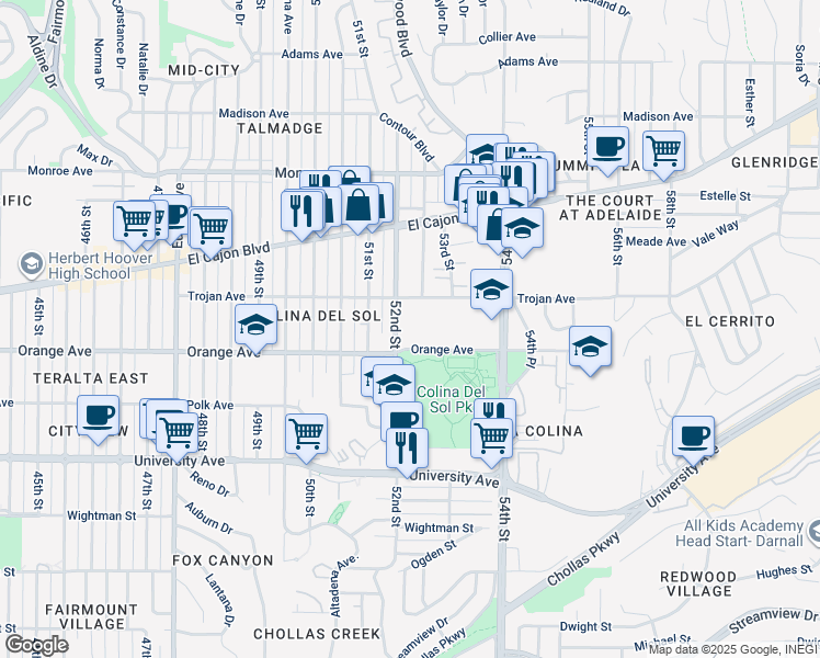 map of restaurants, bars, coffee shops, grocery stores, and more near 5202 Orange Avenue in San Diego