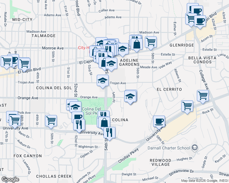 map of restaurants, bars, coffee shops, grocery stores, and more near 4222 Bernadine Place in San Diego