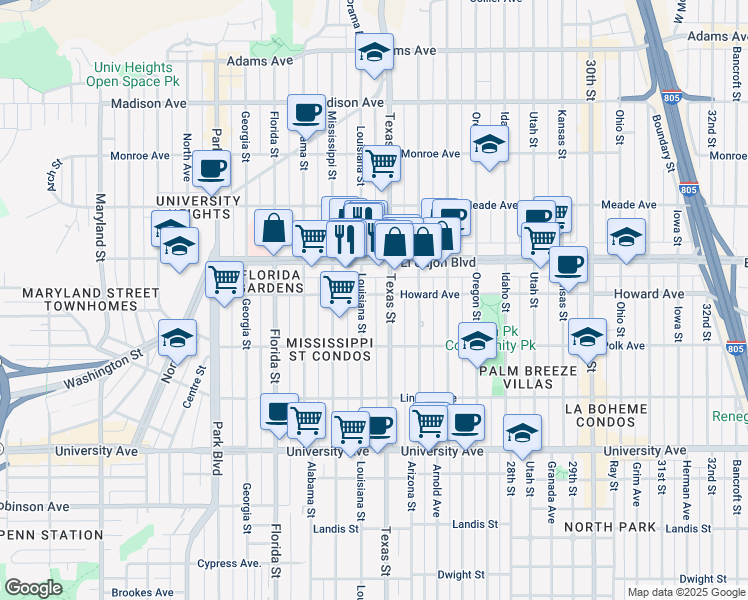 map of restaurants, bars, coffee shops, grocery stores, and more near 2321 Howard Avenue in San Diego